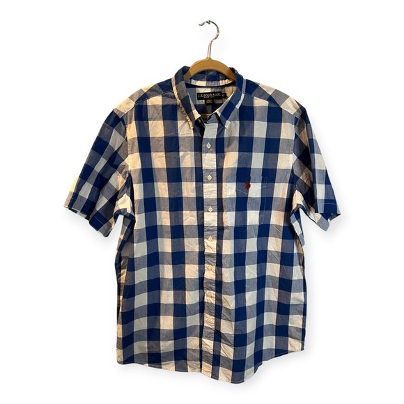 US‎ Polo Assn. Blue, White, Button Up, Short Sleeve Men's Large Tall - Picture 1 of 4